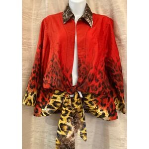 Mishca Women's Red Leopard Snake Print Tie Front Blouse Shirt Top L
